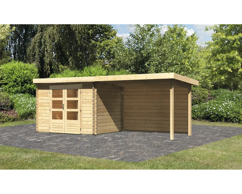 Holzgartenhaus mit Doppeltür und Anbau im Garten