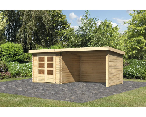 Chalet de jardin en madriers Karibu Noorvik 4 avec toit en appentis 3 m, panneau arrière et paroi latérale 519 x 297 cm naturel