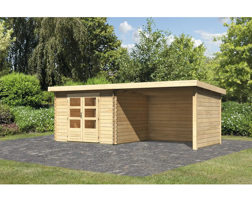 Chalet de jardin en madriers Karibu Noorvik 5 avec toit en appentis 3 m, panneau arrière et paroi latérale 614 x 333 cm naturel