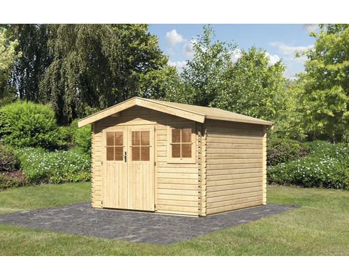 Abri de jardin en madriers Karibu Kasaan 3 avec plancher 320 x 320 cm naturel Abri de jardin en bois avec double porte et fenêtre dans le jardin