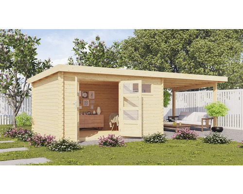 Chalet de jardin en madriers Karibu Noorvik 8 avec toit en appentis 3 m 669 x 297 cm naturel