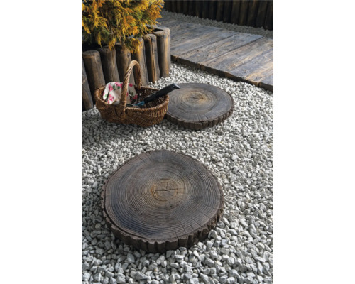 Gartenszene mit Baumscheiben als Trittsteine, umgeben von Kies, mit einem gefüllten Korb und dekorativer Randbepflanzung