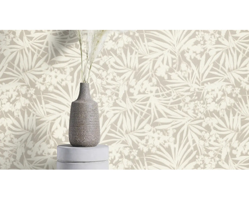 Papier peint décoratif avec motif floral et feuilles, ainsi qu''un vase avec décoration