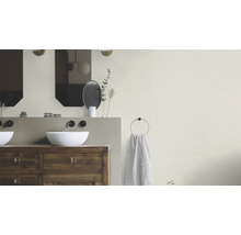 Salle de bains avec meuble sous-vasque, vasque à poser, miroir et porte-serviettes