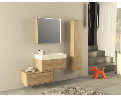 Salle de bain avec meuble-lavabo, armoire de toilette et armoire haute aspect bois