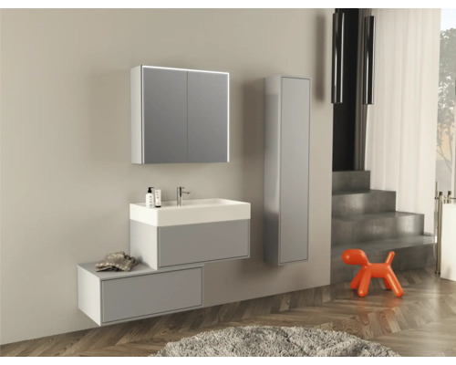 Salle de bains moderne avec meuble sous-lavabo, armoire de toilette et armoire haute