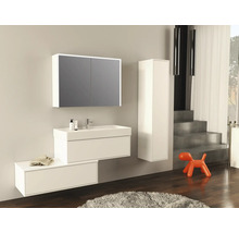Modernes Badezimmer mit Spiegelschrank, Waschtisch, Unterschrank und Hochschrank in Weiß