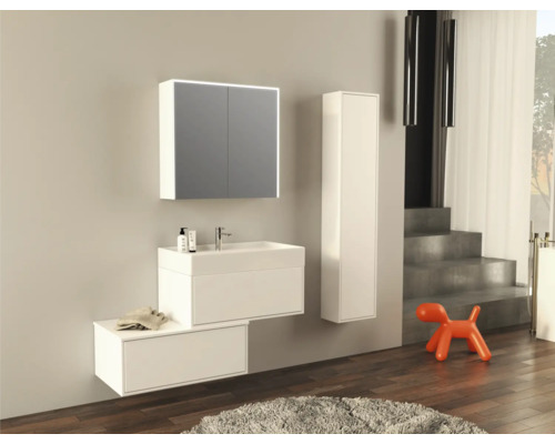 Salle de bains moderne avec lavabo, armoire de toilette et armoire haute