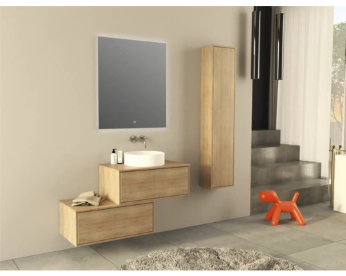 Modernes Badezimmer mit Waschtisch, Spiegel, Hochschrank und verspieltem Hundemodell