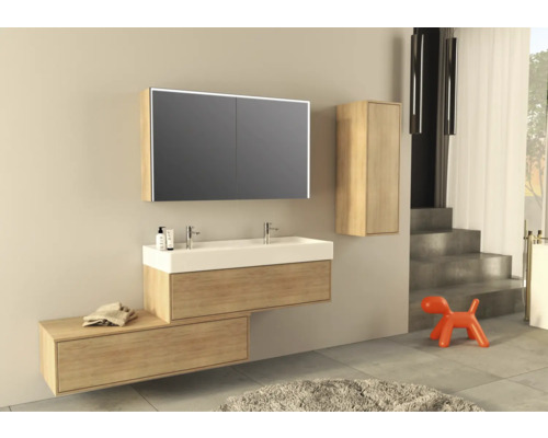 Salle de bains avec lavabo, armoire de toilette, armoire haute et figurine décorative de chien