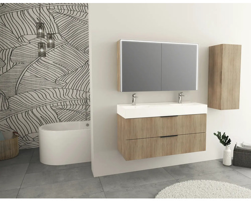 Salle de bains moderne avec meuble sous-lavabo, armoire de toilette, armoire haute, baignoire et décoration