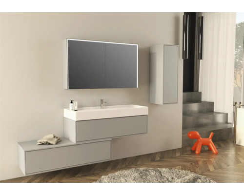 Salle de bains moderne avec lavabo, armoire de toilette et armoire haute