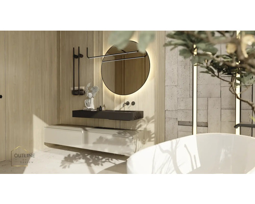 Badezimmer mit Waschtisch, Spiegel, Badewanne und Handtuchhalter
