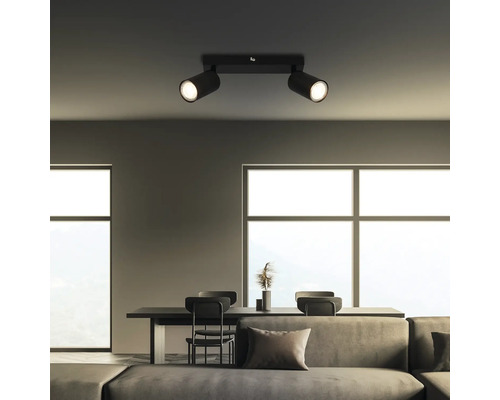 Salon avec plafonnier à deux spots et meubles