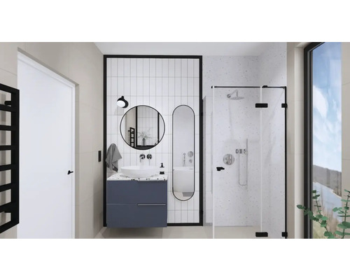 Modernes Badezimmer mit Waschbeckenunterschrank, Spiegeln und Dusche