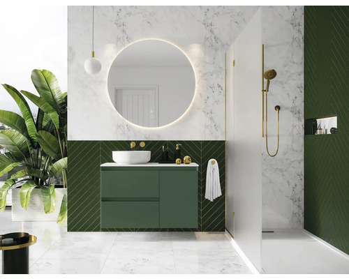 Modernes Badezimmer mit grünem Waschtischunterschrank, rundem Spiegel und Dusche