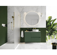 Salle de bains avec douche, meuble-lavabo, miroir et accents verts