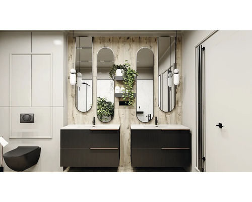 Modernes Badezimmer mit zwei Waschbecken, Spiegeln und Hänge-WC