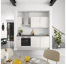 Cuisine claire avec placards intégrés, cuisinière, hotte aspirante et évier dans un espace de vie moderne.