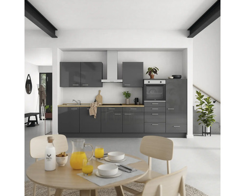 Bloc cuisine complète NOBILIA Urban 360 cm façade gris ardoise à haute brillance, corps gris ardoise variante à droite monté