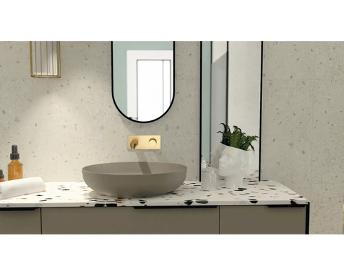 Badezimmerwaschtisch mit Spiegel, Aufsatzwaschbecken und Armatur