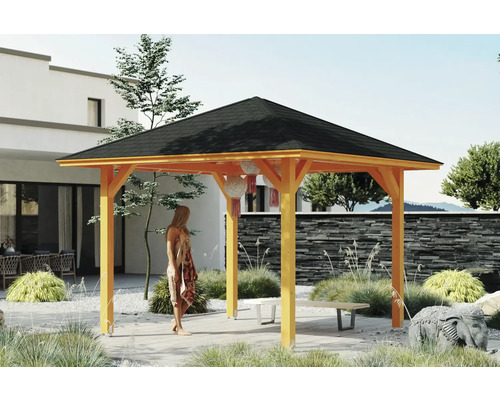 Pavillon SKAN HOLZ Cannes Taille 1 374 x 374 cm chêne clair Pavillon de jardin en bois avec toit noir dans un jardin