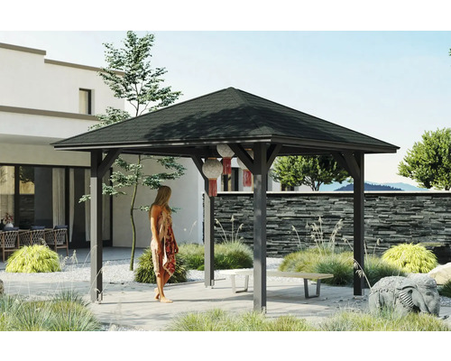 Pavillon SKAN HOLZ Cannes Taille 1 374 x 374 cm gris ardoise Pavillon dans le jardin avec femme et éléments décoratifs