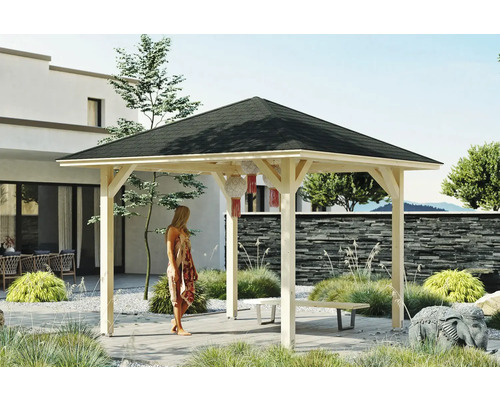 Pavillon SKAN HOLZ Cannes Taille 1 374 x 374 cm naturel Pavillon en bois avec femme dans le jardin
