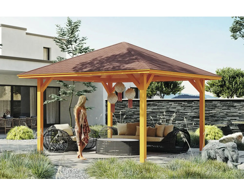 Pavillon SKAN HOLZ Cannes Taille 2 439 x 439 cm chêne clair Pavillon de jardin en bois avec mobilier de salon