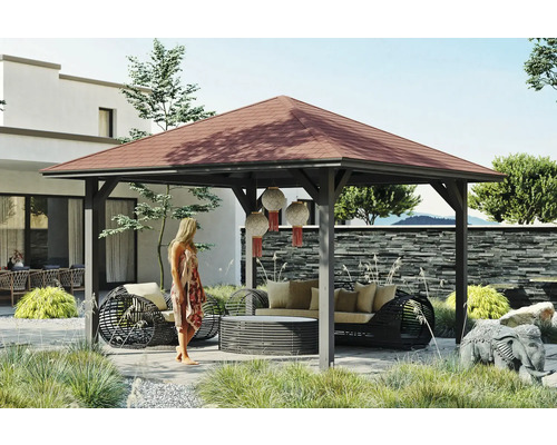 Pavillon SKAN HOLZ Cannes Taille 2 439 x 439 cm gris ardoise Pavillon carré avec des sièges dans un jardin aménagé.