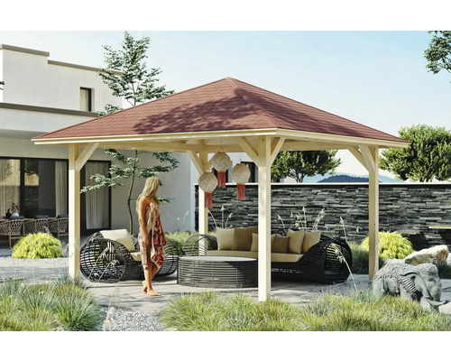 Pavillon SKAN HOLZ Cannes Taille 2 439 x 439 cm naturel Pavillon de jardin en bois avec toit et coin salon dans le jardin
