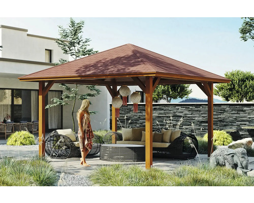 Pavillon SKAN HOLZ Cannes Taille 2 439 x 439 cm noyer Pavillon en bois avec mobilier de jardin à l''extérieur