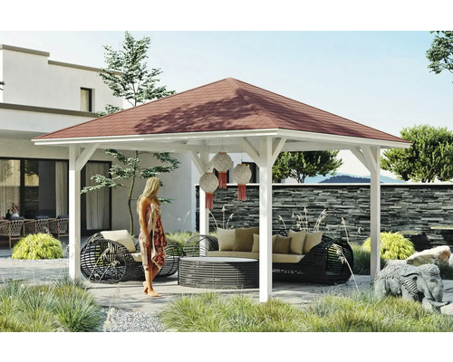 Pavillon SKAN HOLZ Cannes Taille 2 439 x 439 cm blanc Pergola avec mobilier de jardin