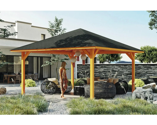 Pavillon SKAN HOLZ Cannes Taille 3 504 x 504 cm chêne clair Pavillon de jardin en bois avec coin salon dans un jardin