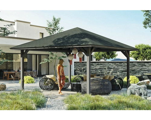 Pavillon SKAN HOLZ Cannes Taille 3 504 x 504 cm gris ardoise Scène de jardin avec pavillon, mobilier de jardin et femme