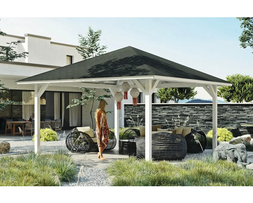 Pavillon SKAN HOLZ Cannes Taille 3 504 x 504 cm blanc Pavillon carré avec toit et mobilier de jardin