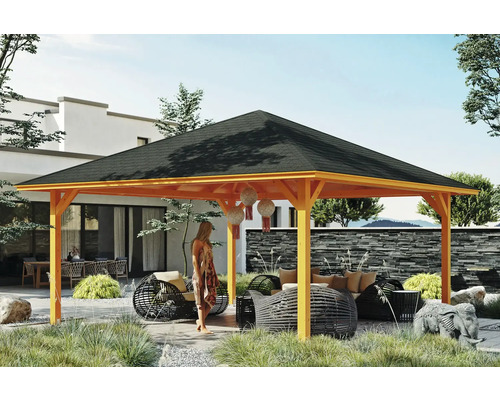 Pavillon SKAN HOLZ Cannes Taille 4 569 x 569 cm chêne clair Pavillon en bois avec toit en tuiles et coin salon dans le jardin