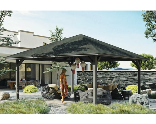 Pavillon SKAN HOLZ Cannes Taille 4 569 x 569 cm gris ardoise Pavillon de jardin avec des sièges et des décorations dans un jardin de conception moderne.