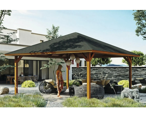 Pavillon SKAN HOLZ Cannes Taille 4 569 x 569 cm noyer Pavillon de jardin en bois avec meubles et décoration dans un jardin