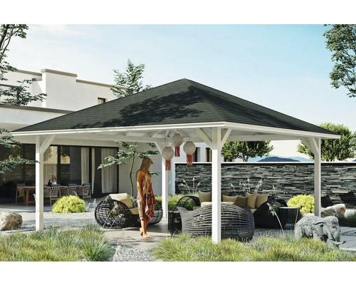 Pavillon SKAN HOLZ Cannes Taille 4 569 x 569 cm blanc Vue de jardin avec pavillon avec toit foncé et piliers de soutien blancs ainsi qu''un coin salon