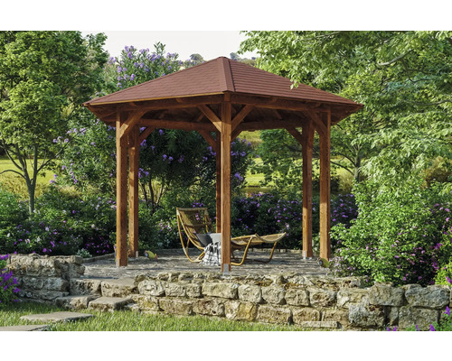 Pavillon SKAN HOLZ Colmar sapin de Douglas Taille 2 ø 420 cm noyer Pavillon de jardin en bois avec toit de tuiles dans un jardin