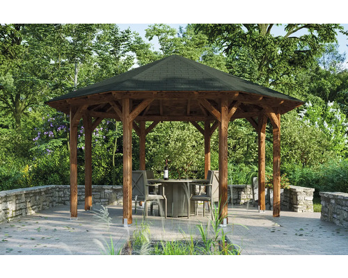 Pavillon SKAN HOLZ Lyon sapin de Douglas Taille 2 ø 484 cm noyer Pavillon de jardin en bois avec table et chaises dans le jardin
