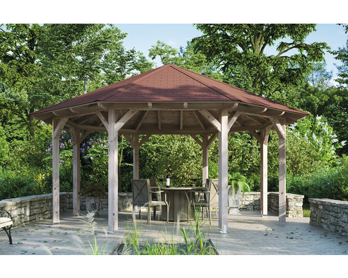 Pavillon SKAN HOLZ Lyon sapin de Douglas Taille 3 ø 557 cm naturel Pavillon de jardin en bois avec toit et groupe de table