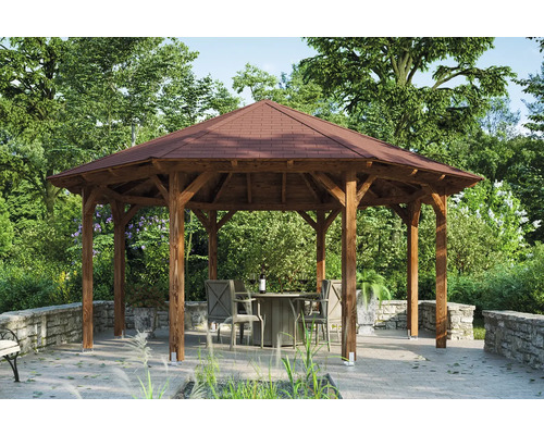 Pavillon SKAN HOLZ Lyon sapin de Douglas Taille 3 ø 557 cm noyer Pavillon de jardin en bois avec table et chaises dans un jardin