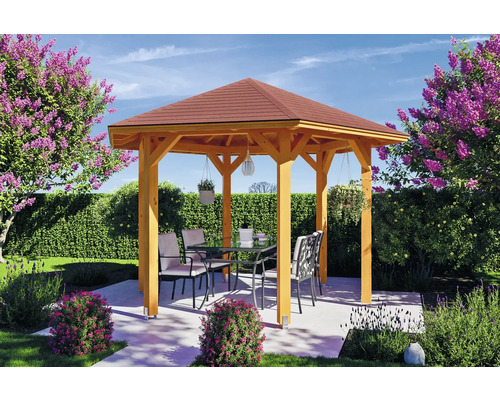 Pavillon SKAN HOLZ Nancy Taille 2 ø 420 cm chêne clair Pavillon de jardin en bois avec table et chaises