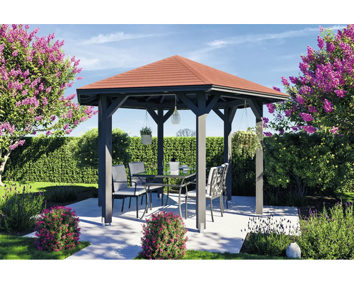Pavillon SKAN HOLZ Nancy Taille 2 ø 420 cm gris ardoise Scène de jardin avec pavillon en bois, table de jardin et chaises de jardin