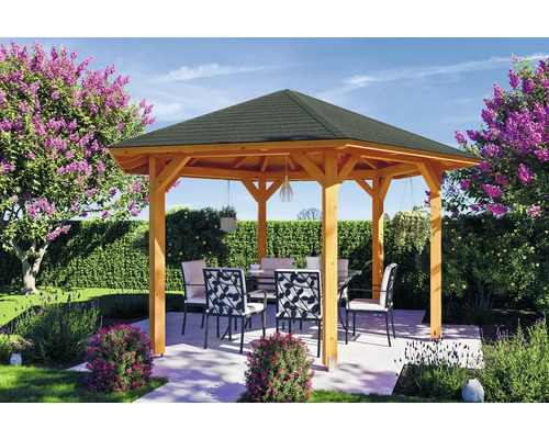 Pavillon SKAN HOLZ Nancy Taille 3 ø 480 cm chêne clair Pavillon de jardin en bois avec table et chaises