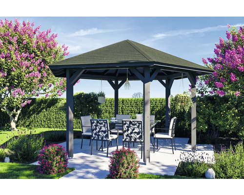 Pavillon SKAN HOLZ Nancy Taille 3 ø 480 cm gris ardoise Pavillon hexagonal avec coin salon dans un jardin