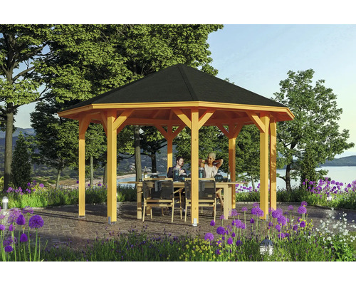 Pavillon SKAN HOLZ Nice Taille 2 ø 484 cm chêne clair Pavillon de jardin en bois avec toit octogonal, table et chaises dans le jardin