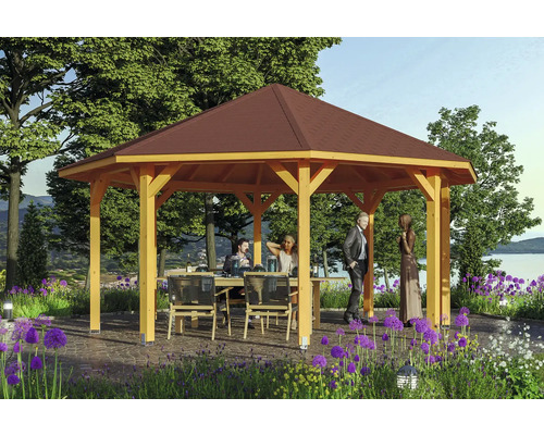 Pavillon SKAN HOLZ Nice Taille 3 ø 557 cm chêne clair Pavillon de jardin en bois avec toit et salon de jardin dans un jardin